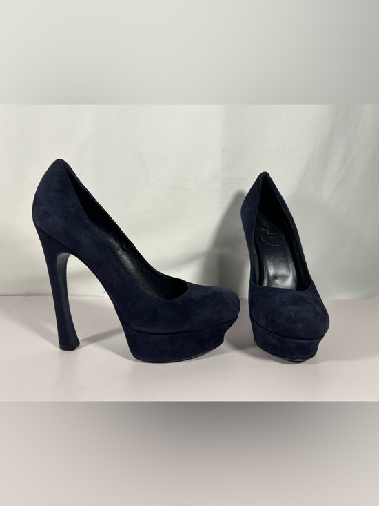 Yves Saint Laurent Shoes - 7034: YSL Yves Saint Laurent Navy Suede Platform Heels Pumps 40